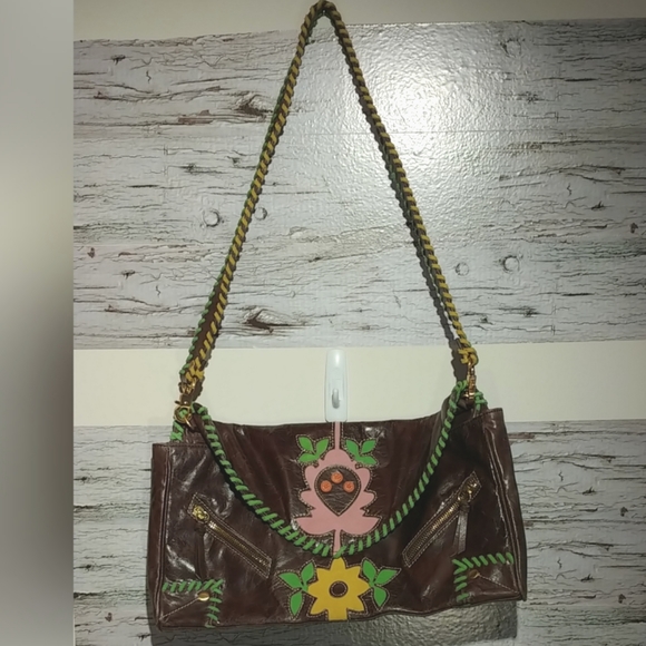 Loop Brown Leather Multi Floral Accent Hobo Bag - Picture 1 of 10